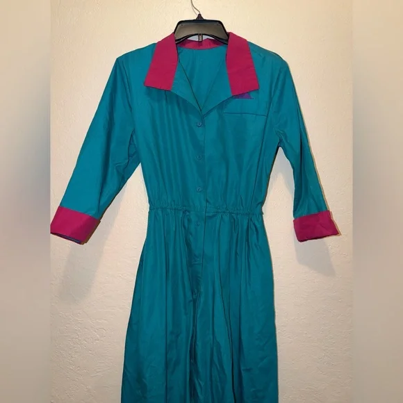 Vintage 60s 70s Teal and Pink Dress - Picture 3 of 6